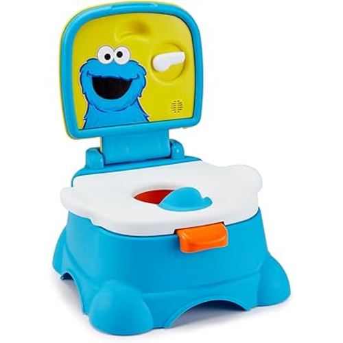 Sesame Street Cookie Monster Terrific 3 in 1 Potty Training Toilet Seat and Step Stool, Easy Clean Design with Flush Handle and Sounds, Portable, Great for Travel, Perfect for Toddler Boys & Girls 1-3
