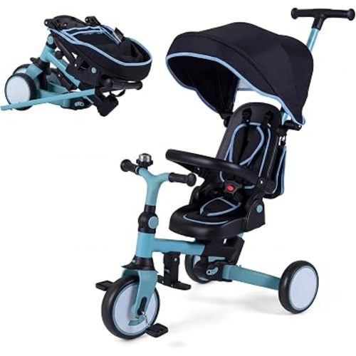 BABY JOY Kids Tricycle, 8-in-1 Folding Toddler Trike w/Push Handle, Removable & Adjustable Canopy, 5-Point Safety Harness, Rotatable Seat & Storage Pocket, Pushing Toddler Bike for 1-6 (Light Blue)