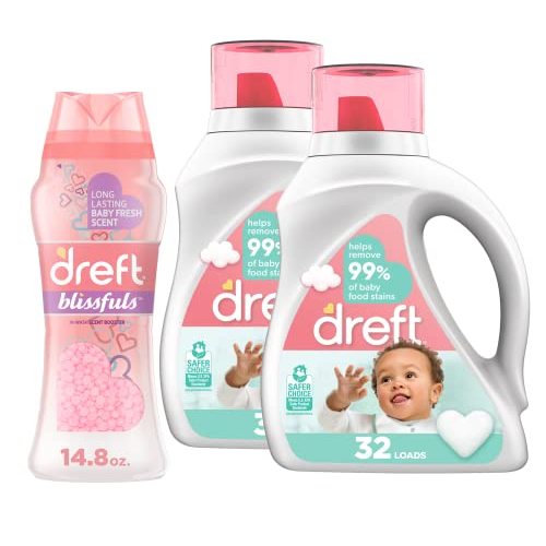 Dreft Stage 2, Active Hypoallergenic Liquid Baby Laundry Detergent for Newborn or Infant, 32 Loads, 2 Count with In-Wash Scent Booster Beads, 14.8 Ounce