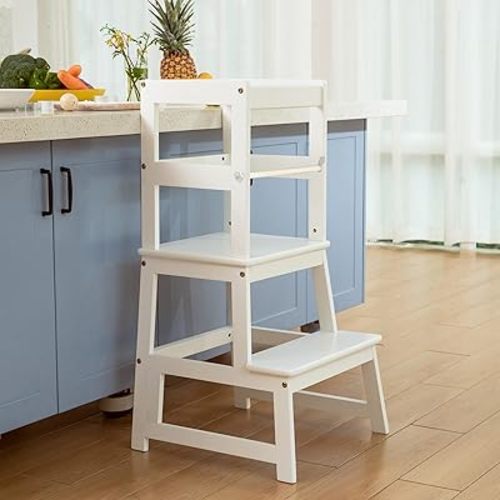Kitchen Step Stool for Kids with Safety Rail,Solid Wood Construction Toddler Learning Stool, Montessori Toddlers Kitchen Stool Tower(White)