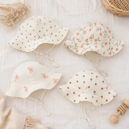 Infant Beach Bucket Hat with Chin Strap, Lightweight Baby Travel Sun Cap, Wide Brim Summer Hat for Newborn Boy Girl 0-12 Months