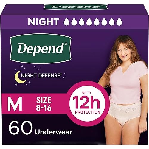 Depend Night Defense Adult Incontinence & Postpartum Bladder Leak Underwear for Women, Disposable, Overnight, Medium, Blush, 60 Count (4 Packs of 15), Packaging May Vary