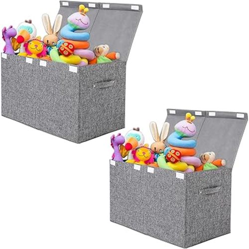 popoly 2 Pack Large Toy Box Chest with Lid, Collapsible Sturdy Toy Storage Organizer Boxes Bins Baskets for Kids, Boys, Girls, Nursery, Playroom, 25"x13" x16" (Linen Gray)