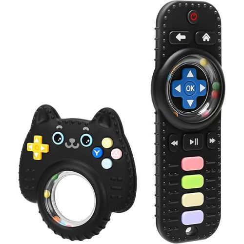 2 Pack Baby Rattles Teething Toy for Babies 3-6 Months, Teething Relief for Infant 6-24 Months, Silicone Teethers TV Remote Boys and Girls Sensory Toy