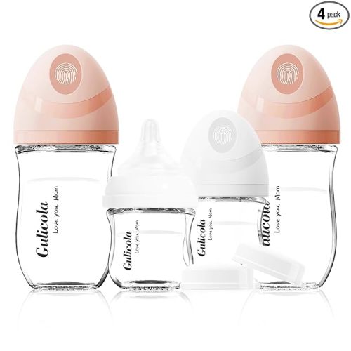 Gulicola Natural Glass Baby Bottles Set 4 Pack, Newborn Girl Breastfeeding Bottles with Slow Flow Nipples, 0 Months+, 3 oz & 5 oz - Pink