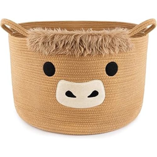 Large Highland Cute Cow Basket for Nursery,Woven Laundry Blanket Gift Basket, Cotton Rope Storage Bins with Handles, Extra Empty Decorative Bin for Towels Pillow Clothes Hamper Room,23"D×13"H