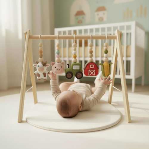 Montessori Baby Gym Farm Animals, Wooden Baby Play Gym with Crochet Cow Pig Tractor, Farm Nursery Decor, Neutral Baby Gift, Infant Toy