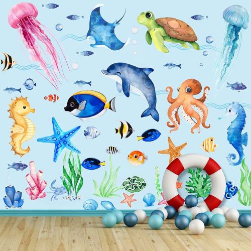 4 Sheets Ocean Fish Wall Decals Stickers Sea Wall Decal Stickers Removable Sea Life Marine Animal Sticker Underwater Ocean Creatures Decor for Kids Girls Boy Nursery Bedroom Bathroom