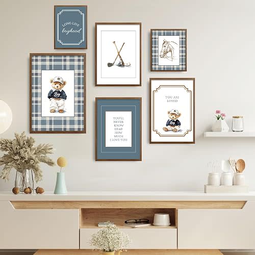 6 Pcs Boy Teddy Bear Nursery Wall Art Blue Long Live Boyhood Wall Decor Pictures Lattice Horsehead Golf Canvas Posters Prints for Boys Kids Toddler Room Home Decoration 8x10in Unframed