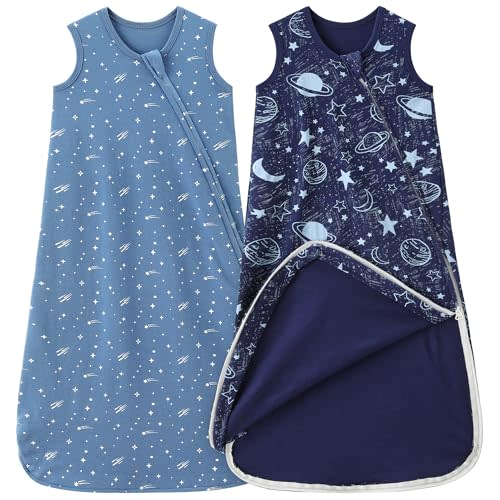 Unnivoll Baby Sleep Sack 0-6 Months 0.5 Tog Baby Wearable Blanket 100% Cotton Sleeping Sack with 2-Way Zipper for Newborn Infant Dark Blue Planet