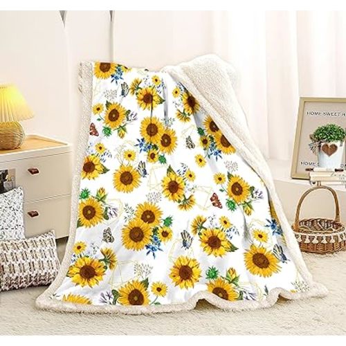Sunflower Sherpa Throw Blanket - Soft Warm Dual-Sided Milk Fleece Floral Blanket for Couch Sofa Bed - Yellow Farmhouse Home Decor, Cozy Gifts for Women Mom Grandma, 50" x 60"