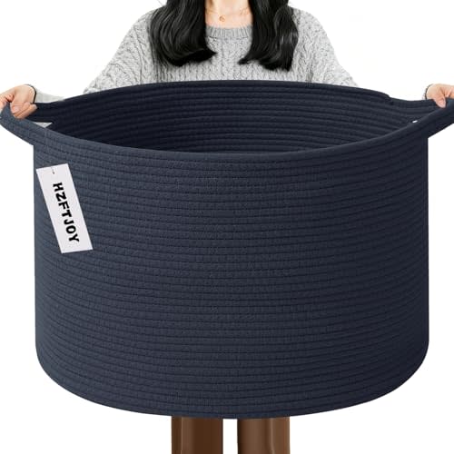 65L Large Blanket Basket,Woven Rope Laundry Basket Hamper with Handles,Decorative Nursery Basket Storage Bin for Toys, Pillows , Clothes Organizer, Living Room, Bedroom, Bathroom, Dark Blue