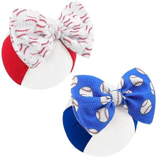 Baseball Baby Bow Headband High Stretchy Soft Nylon Headbands for Infant Girls Toddler Handmade Hairbands with Bows Baseball Hair Accessories Red Blue