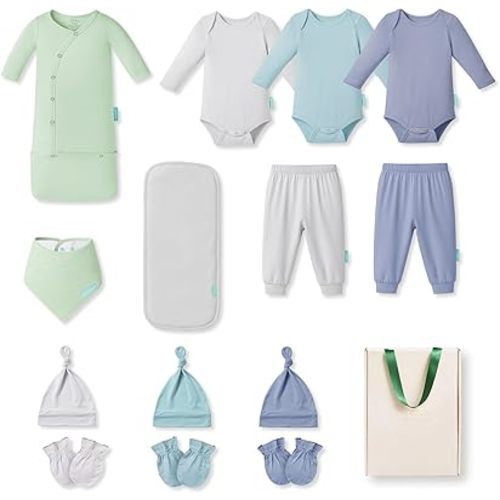 PurComfy Bamboo Newborn Clothes Gift Set: 14-Piece SuperSoft Layette & Accessories Set for Baby Boys — Daily Essentials Set