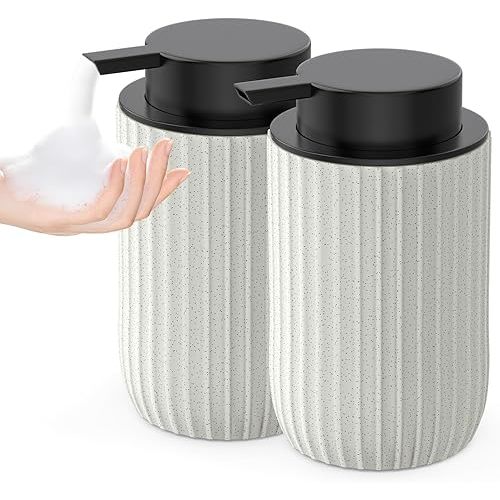POSOSTO Ceramic Foaming Hand Soap Dispenser,12 oz Bathroom Soap Dispensers, Lotion Dispenser for Kitchen, Refillable Matte Streaks Soap Dispenser with Large Pump (Beige-2Pack)