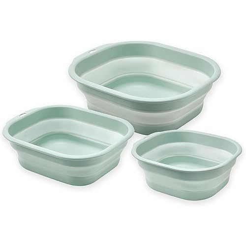 Daimix Collapsible Wash Basin Set of 3, Foldable Large Medium Small Wash Basins, Portable Plastic Basins for Laundry, Bottles, Travel, Camping (Green)