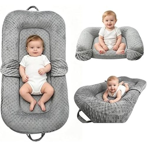 Baby Lounger for Newborn,0-12 Months,Foldable Soft Infant Lounger Pillow for Home and Travel, Baby Nest Lounger with Cover,Multi-Use Portable Baby Lounger for Supervised Play&Tummy Time, Grey