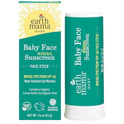 Earth Mama Baby Face Mineral Sunscreen Stick SPF 40 | Reef Safe, Non-Nano Zinc, Contains Organic Cocoa Butter & Aloe | Babies, Kids & Family 0.74-Ounce