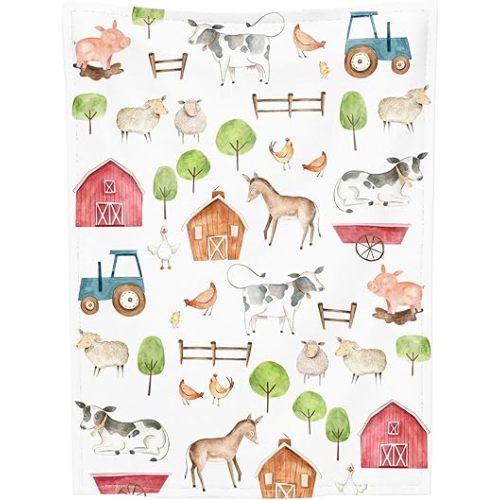 Farm Animal Baby Blanket, Soft Flannel Farm Newborn Blanket, Cozy Unisex for Boys & Girls, Lightweight Stroller & Crib Blanket 30x40 Cows, Pigs, Horses, Barns