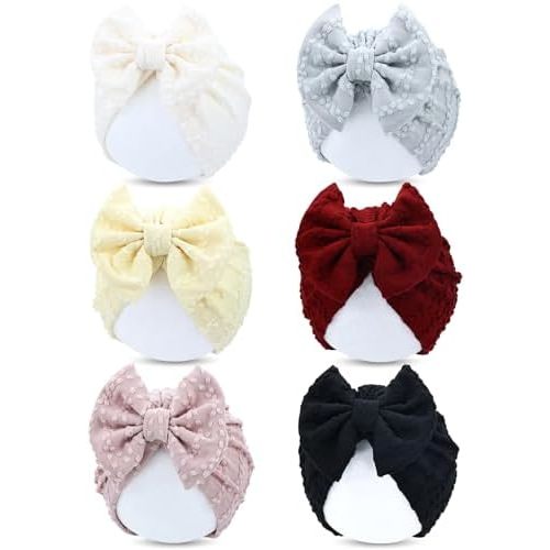 Cinaci 6 Pack Nursery Hospital Caps Bonnets Beanies Headwraps Turban Hats with Bow for Baby Girls Newborns Infants Toddlers