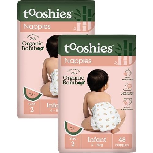 Tooshies Nappies | Size 2 Infant 4-8kg | Made with Organic Bamboo | 12 hrs leak free | Unisex | Watermelon Print | 2 x 48pk | 96 count | 2 WEEK SUPPLY