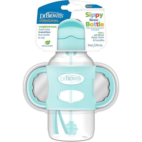 Dr. Brown's Milestones Wide-Neck Sippy Straw Bottle with 100% Silicone Handles and Weighted Straw, 9 oz/270 mL, Green, 6m+