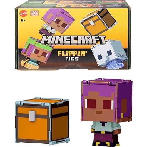 Mattel Minecraft Flippin’ Figs 2-Pack, 2 Action Figures in 3.75-inch Scale with Large Heads & 2-in-1 Fidget Play, EFE/Sailboat & Dolphin/Treasure Chest