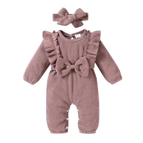 Happy Town Baby Girl Romper Infant Fall Winter Clothes Ruffle Sweater Long Sleeve Bodysuit Jumpsuit and Headband