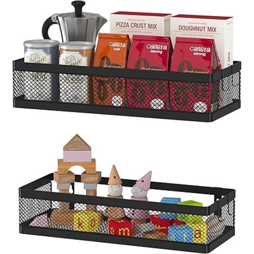 PUSDON Hanging Storage Baskets Organizer Wall Mount, Metal Wire Storage Bin Rack for Kitchen Bathroom Shower Spice Shelf Home Decor Essentials Black-2 Packs (Netting)