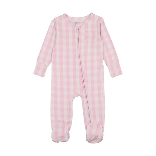 Baby Zip-Up Footed Sleeper, Pink and White Gingham Check Pattern, Long Sleeve, Made of Viscose from Bamboo