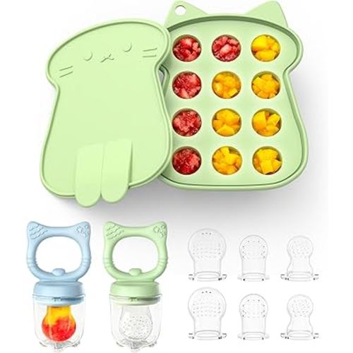 Silicone Baby Fruit Food Feeder (2 Pack) with Freezer Nibble Tray, Breastmilk Popsicle Molds for Baby Teething Relief, Feeder for Safe Infant Self Feeding, BPA Free, Dishwasher Safe, 3 Month+ Green