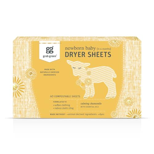 Grab Green Newborn Baby Dryer Sheets, 40 Count, Calming Chamomile Scent | Reduces wrinkles and static; Designed for sensitive skin; Plant & Mineral Based; For Newborns (0-4 months)