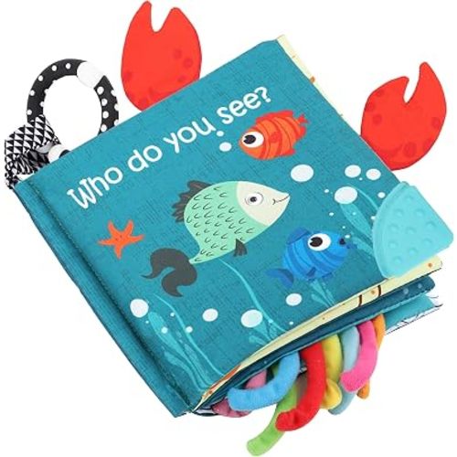 Fish Baby Books Toys, Touch Feel Cloth Crinkle Books for Babies,Baby Infant Toys 0-6, 6-12,12-18 Months,Newborn,Early Learning Education, Baby Gifts Shower for Boys Girls,Teething, Mirror,Shark Ocean