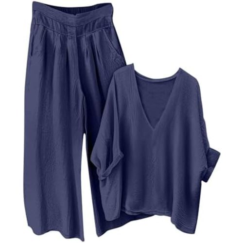 Linen Sets for Women 2 Piece 3/4 Sleeve Top And Wide Leg Pant Set Casual Loose Fit Cotton Outfit with Pockets