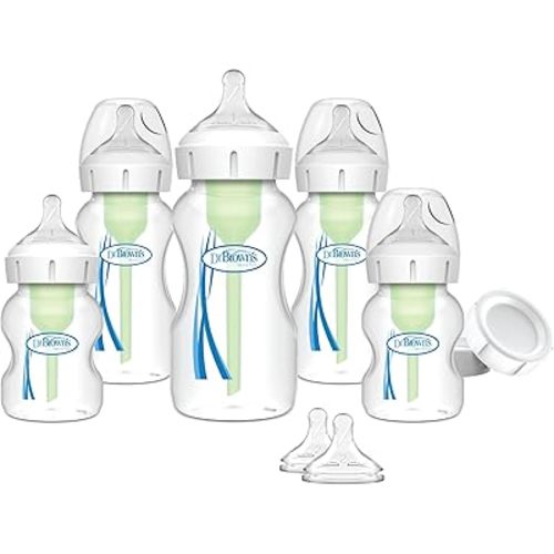 Dr. Brown's Anti-Colic Options+ Wide-Neck Baby Bottle Feeding Set, 5 oz/9 oz, with Bottle Travel Caps (Packaging May Vary)