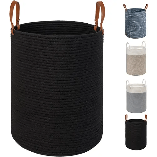 TOTANKI Large Cotton Rope Laundry Storage Basket - Collapsible Woven Basket with Leather Handles for Storing Clothing, Diapers, Toys - Stylish 15.7''(D) x 19.7''(H) Baby Hamper (Black)