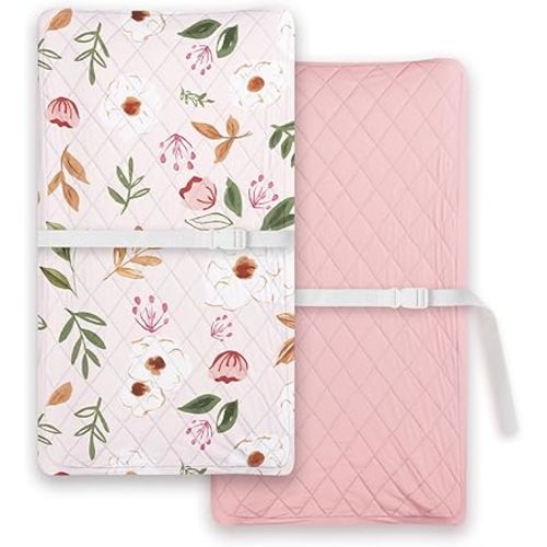 Light Quilted Changing Pad Cover 2 Pack, Soft Fitted Changing Table Covers for Baby Boys and Girls, Pink Floral