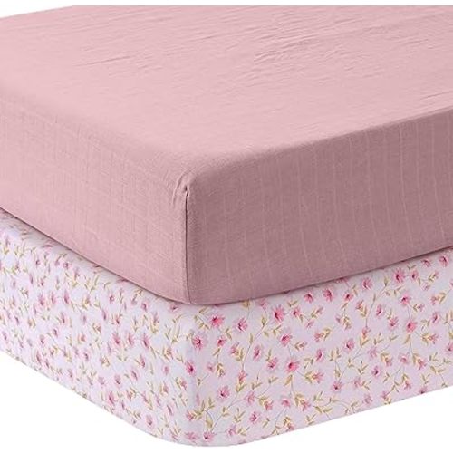 MOZAH Organic Muslin Crib Sheets - Pink and Pink Leaves - 2 Pack - Girl, Boy - Soft, Breathable Bedding for Baby Girls or Boys - Snug-Fit Fitted Sheet for Standard Cribs & Toddler Mattresses
