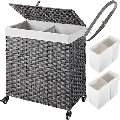 Greenstell Laundry Hamper with Wheels, No Install Needed, 110L Divided Handwoven Hampers & 2 Removable Liner Bags, Rattan Clothes Laundry Basket with Lid & Handles, Foldable Hampers Gray 22x13x26.4 In