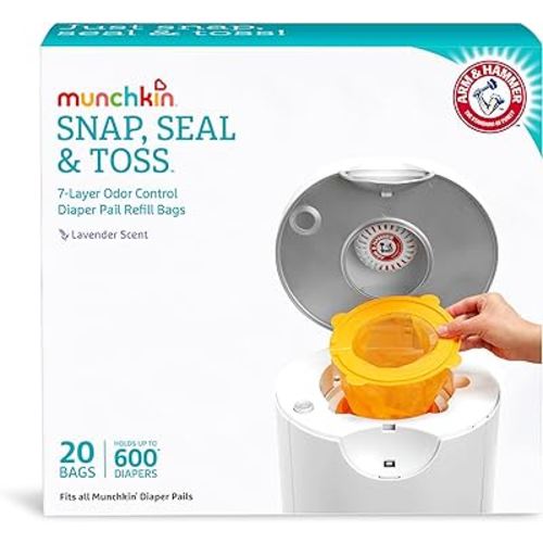 Munchkin® Arm and Hammer Diaper Pail Snap, Seal and Toss Refill Bags, Holds 600 Diapers, White 20 Count