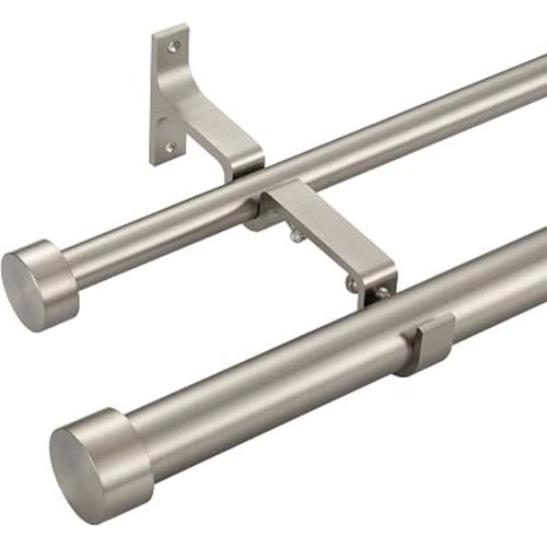 Double Curtain Rods for Windows 36-72 Inches, 1'' Front and 5/8''Back Double Drapery Rods with Premium Aluminum Brackets and End Cap Finials, Adjustable Brushed Nickel Double Window Curtain Rod