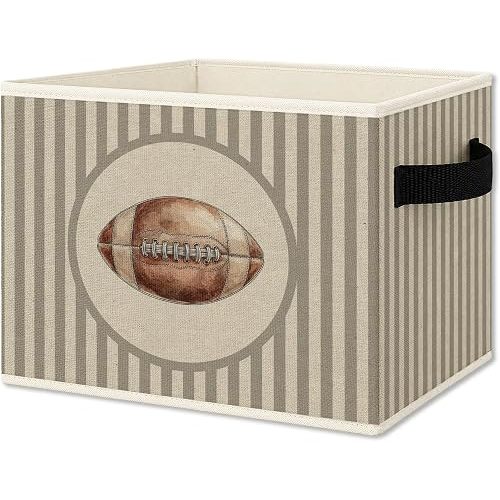 Boy Nursery Football Foldable Storage Bins Box with Handles, Neutral Striped Football Sports Collapsible Organizer Basket for Kids Boys Bedroom Bathroom Playroom Clothes Books