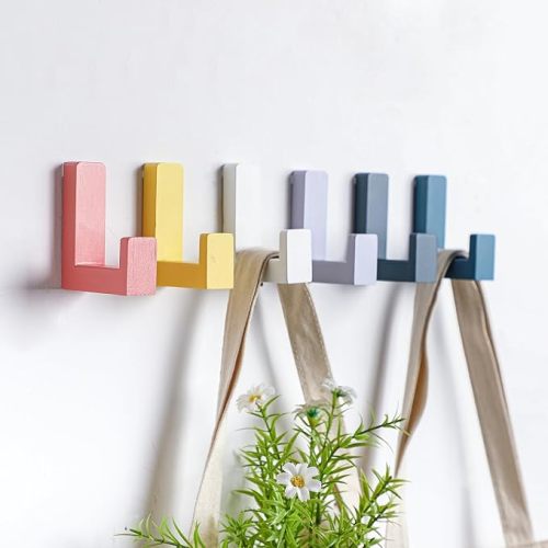 6 Pack Cute Kids Coat Wall Hooks Wooden Adhesive Decorative Colorful Wall Mounted Hangers Backpack Hooks for Hanging Keys Towel Clothes Bathroom Organization(Pastel)