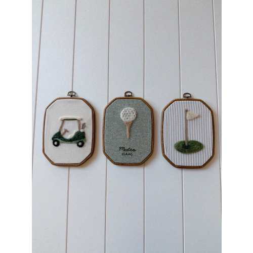 Golf Nursery Wall Art Set – Handmade Needle Felt Embroidery Hoops | Golf Cart, Ball & Flag Decor | Personalized Baby Boy Gift