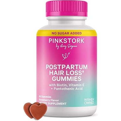 Pink Stork Postpartum Hair Loss Gummies | Biotin, Pantothenic Acid, Vitamin E, B6, B12 | Postnatal Hair Growth + Regrowth Support | Breastfeeding-Friendly | Postpartum Essentials | 60 Gummies