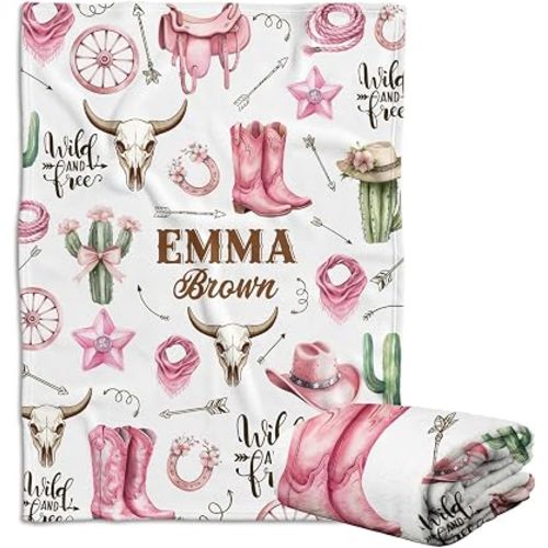 Personalized Baby Blankets for Girls, Pink Western Baby Stuff, Cowgirl Blanket for Daughter, Custom Name Western Nursery Decorations, Crib Stroller Blankets for Newborns Toddlers Kids