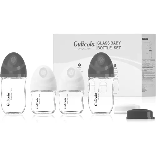 Gulicola Natural Glass Baby Bottles Set 4 Pack, Newborn Boy Breastfeeding Bottles with Slow Flow Nipples, 0 Months+, 3 oz & 5 oz - Black/White