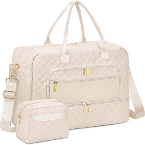 Livhil 2pcs Womens Overnight Bag, Carry on Weekender Bag with Shoe Compartment for Business Trips Sport Hospital, Beige