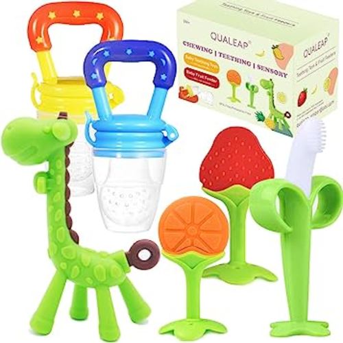 Teething Toys for Babies 0-6 Months 6-12 Months - Teethers with 2 × Baby Fruit Feeders and 4 × Baby Teether - BPA Free/Freezer Free - Different Soft Textures for Infant and Toddlers (Green)