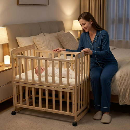 MIDOQIN 4-in-1 Convertible Crib, Portable Wood Mini Baby Crib Bedside Bassinet with 3 Height Adjustments, 2" Mattress and Wheels, Solid New Zealand Pine